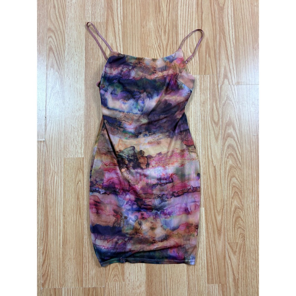 7DAY WKND Mesh Bodycon Mini Dress Abstract Watercolor Print Cowl Neck Purple M